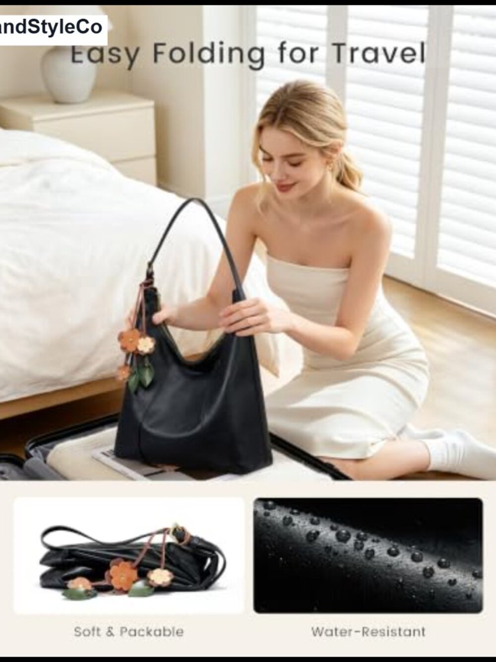 Vegan Leather Hobo Shoulder Bag Slouchy Tote with Laptop Sleeve - Picture 5 of 5